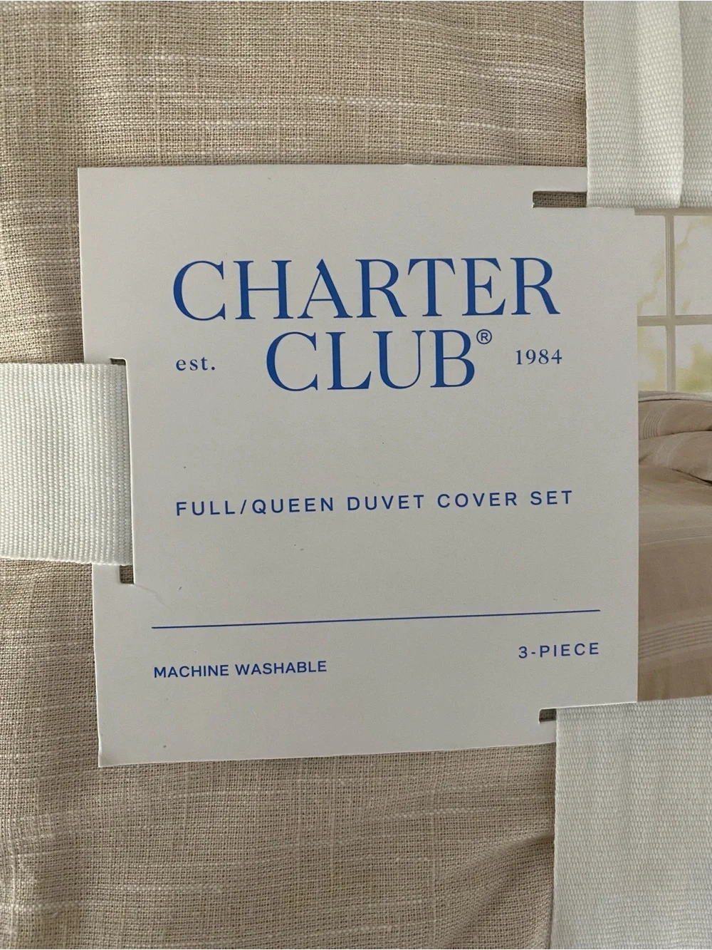 Charter Club Cotton Linen Neutral Beige Striped Full/Queen Duvet Cover Set